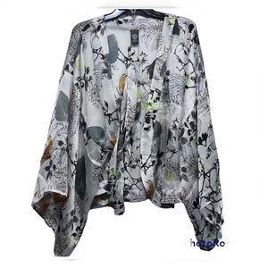 NWT - Beautiful floral, bell sleeves, front wrap silk blouse
